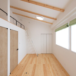 子供部屋。将来的には間仕切りすることもできるように設計しています。広々としたロフトスペースは、こだわりの1つ。使い方いろいろです。収納スペースにも寝室にもスタディスペースにもなります!梁をみせた天井もおしゃれです!!