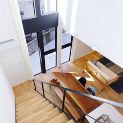 2階から吹抜け空間をのぞいたら、LDK空間が見渡せます。家の中がつながることで1階も2階も快適な空間をつくることができるのが「スーパーウォール工法」の家です。