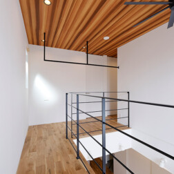 吹抜けまわりの廊下とホール。
ホールにはブラックアイアンの竿掛けを設置しました。
オークの床や木目天井にブラックのアクセントが加わり、空間が引き締まります。